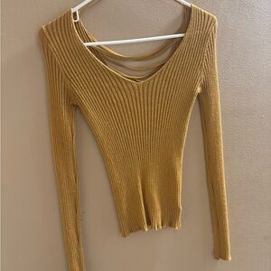 Ambiance Mustard Ribbed Top with Lace-Up Detail